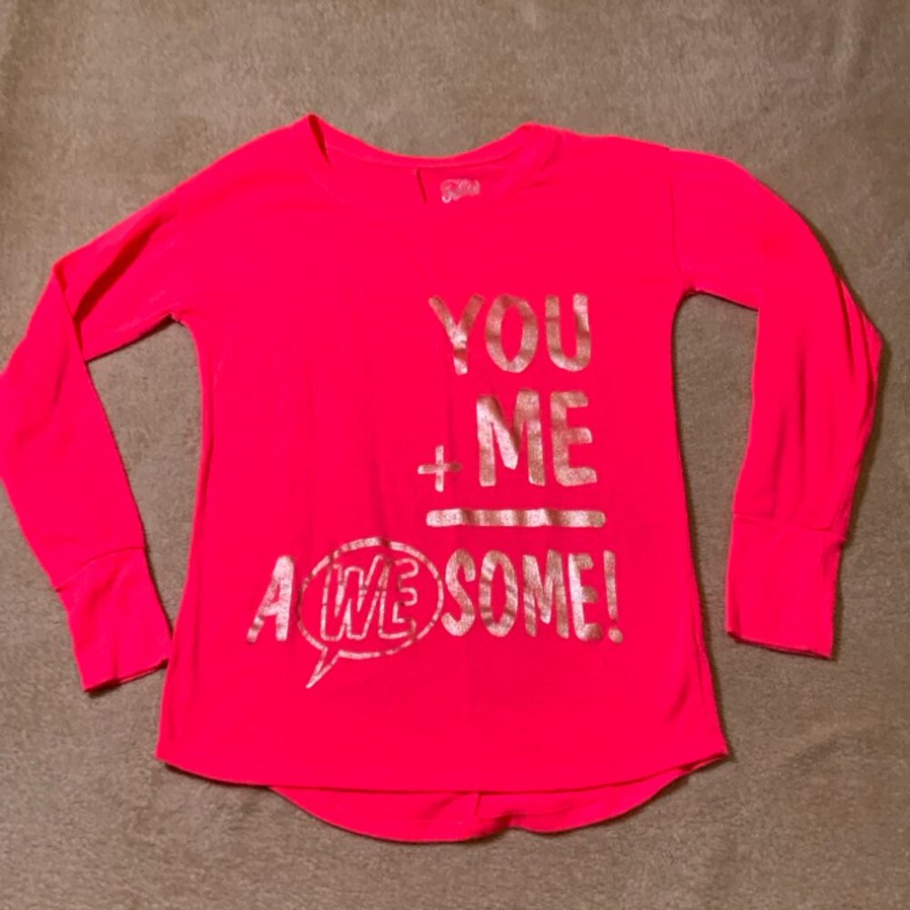 Justice Girls 8 Neon Pink Gold Knit Long Sleeve Metallic You + Me = Awesome Top